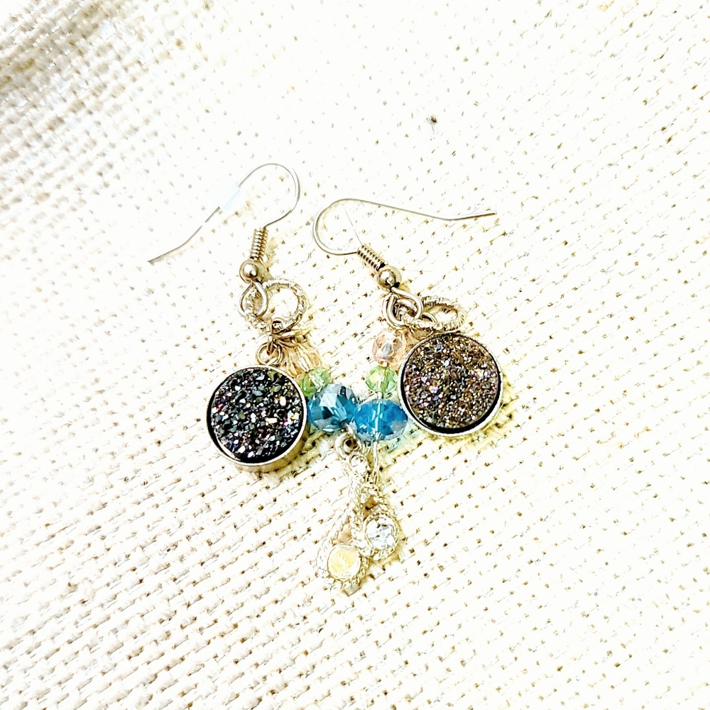 Handmade blue Druzy, Swarovski crystal bead earrin